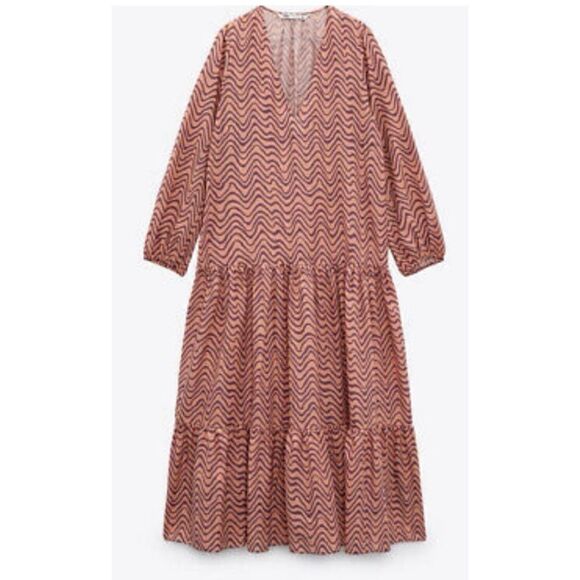 Zara V NECK PRINTED MIDI DRESS in 
COLOR SALMON Size M - Picture 3 of 7